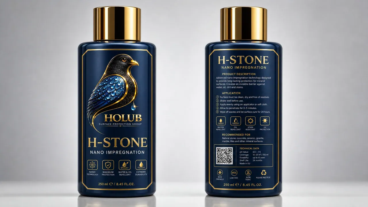 Produktový vizuál H-STONE — přední a zadní strana lahve 250 ml